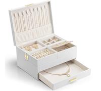Vlando Joyero grande para mujer con bandeja extensible, organizador de joyas con cajón para collares, anillos, pulseras, pendientes, madres y niñas, color blanco