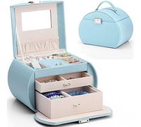 Vlando Joyero, Joyero con 3 niveles, almacenamiento para collares, anillos, relojes, con espejo y asa, tarjeta de felicitación, regalos para niñas y mujeres (azul)
