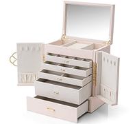 Vlando Joyero para mujer, organizador de joyas con 5 dibujos, cajas de joyería de piel sintética para mujeres y niñas, collar y anillos, caja de almacenamiento color blanco albaricoque