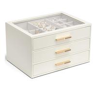 Vlando Joyero para mujer, organizador de joyas con tapa de cristal con 3 cajones para collares, anillos, aretes, pulseras, regalo del día de la madre para mamá, color blanco nube