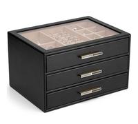 Vlando Joyero para mujer, organizador de joyas con tapa de cristal con 3 cajones para collares, anillos, aretes, pulseras, color negro