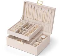 Vlando Joyero para mujer y niña, 2 niveles, almacenamiento de joyas, piel sintética, caja de joyas, organizador de joyas para mujer, caja de joyas, relojes, para anillos, pendientes, collares, rosa