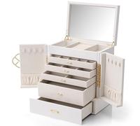 VLANDO Joyero, regalo para el día de la madre, organizador de joyas con bandeja extraíble para collares, aretes, anillos, pulseras, expositores de almacenamiento de joyas para mujer (blanco)