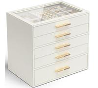 Vlando Organizador de joyas de 5 capas para mujer, tapa de vidrio, organizador de joyas con 5 cajones para collares, anillos, pendientes, pulseras, color blanco