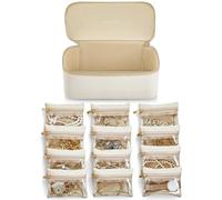 VLANDO Organizador de joyas de viaje de piel sintética con 12 bolsas de terciopelo para joyas, estuche para collares, anillos, regalos para mujer, color blanco-L