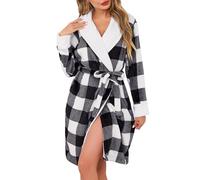 Vlazom Albornoz de Invierno Mujer: Estampado Cuadros y Rayas, Forro de Peluche, Cinturón Ajustable S-XXL