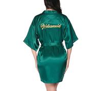 Vlazom Albornoz Novia Boda de Saten, Dama de Honor con Cinturón,Kimono Mujer de Seda Suave y Sexy,S, Verde Oscuro- dama de honor