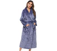 Vlazom Bata Mujer Invierno Polar Bata de Casa Señora Larga Albornoz Mujer Invierno con Cinturón (Azul,XL)