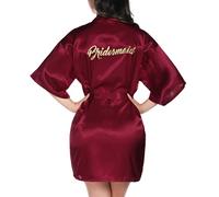 Vlazom Bata Novia Boda de Saten, Batas Dama de Honor con Cinturón,Kimono Mujer de Seda Suave y Sexy,L,Rojo Púrpura- dama de honor