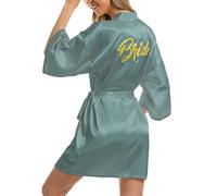 Vlazom Bata Novia Boda de Saten, Batas Dama de Honor con Cinturón,Kimono Mujer de Seda Suave y Sexy,S,Verde Oscuro-novia