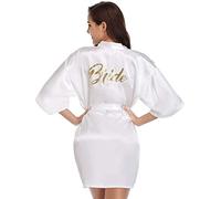 Vlazom Bata Novia Boda de Saten, Batas Dama de Honor con Cinturón,Kimono Mujer de Seda Suave y Sexy (XL,Blanco-novia)