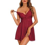 Vlazom Camisón de Mujer Sexy Camisón de Encaje Ropa de Dormir Cuello en V Babydoll Vestido para Dormir con Tanga(L,Rojo Vino)