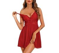 Vlazom Camisón de Mujer Sexy Camisón de Encaje Ropa de Dormir Cuello en V Babydoll Vestido para Dormir con Tanga(S,Rojo)