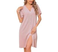 Vlazom Camisones de Mujer Camisones Largos Manga Corta con Botones y Bolsillos Vestido Casual para Otoño Invierno Primavera Verano (M,Rosa)
