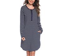 Vlazom Camisones Mujer Invierno de Algodón Camison Manga Larga a Rayas,XXL,A-Azul Marino