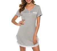 Vlazom Camisones Mujer Verano,Camisones para Mujer de Manga Corta, Camison Mujer Algodon Sexy con Encaje,XL,B-Gris