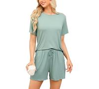 Vlazom Conjunto de Pijama para Mujer de Manga Corta Pijama para Dormir Suave Top y Pantalones Cortos (XXL,Verde Claro)