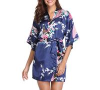 Vlazom Kimono Mujer Vestir Corto de Satén, Bata Seda Mujer de Cuello en V con Estampado Floral y de Pavo Real, Batas Novia y Dama de Honor de Manga 3/4 con Cinturón,Azul Oscuro,XL