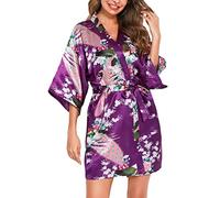 Vlazom Kimono Mujer Vestir Corto de Satén, Bata Seda Mujer de Cuello en V con Estampado Floral y de Pavo Real, Batas Novia y Dama de Honor de Manga 3/4 con Cinturón,Morado oscuro,XL