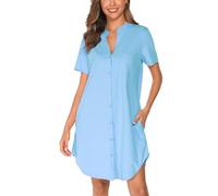 Vlazom Mujer Camisón Cuello en V Manga Corta Vestido para Dormir Verano Camisa para Dormir con Botones y Bolsillos Laterales (XL,Azul Cielo)
