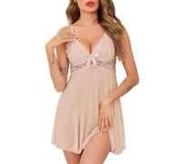 Vlazom Mujer Camisón Sexy Camisón de Encaje Cuello en V Picardías Corto con Tanga (L,Nude)
