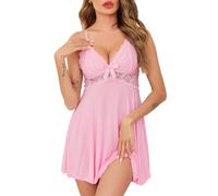 Vlazom Mujer Camisón Sexy Camisón de Encaje Cuello en V Picardías Corto con Tanga (M,Rosa Claro)