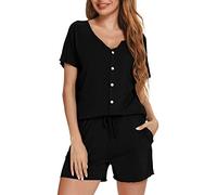 Vlazom Pijama Corto Mujer con Cuello en V, Pijamas Verano Mujer con Botones, Ropa de Dormir de Camiseta y pantalón Corto de Dos Bolsillos,S,Negro