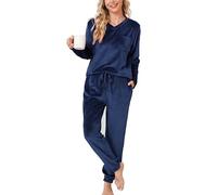 Vlazom Pijama de Manga Larga de Franela de Mujer Conjunto de Invierno Traje de Casa Pijama Largo de Dos Piezas (S, Marina)