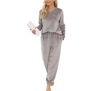 Vlazom Pijama de Manga Larga de Franela de Mujer Conjunto de Invierno Traje de Casa Pijama Largo de Dos Piezas (XXL, Gris Claro)