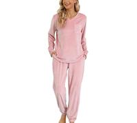 Vlazom Pijama de Manga Larga de Franela de Mujer Conjunto de Invierno Traje de Casa Pijama Largo de Dos Piezas (XL, Rosa Claro)