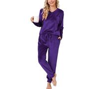 Vlazom Pijama de Manga Larga Pijama de Franela de Mujer Conjunto de Invierno Traje de Casa Pijama Largo de Dos Piezas(XXL,Morado)