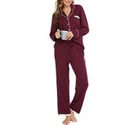 Vlazom Pijama Mujer Invierno con Notch Collar Pijama Botones Mujer de Manga Larga(Vino Tinto, L)
