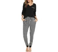 Vlazom Pijama Mujer Invierno Pijamas Mujer de Manga Larga de Dos Piezas con Pantalón a Cuadros,S,A-Negro