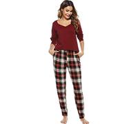 Vlazom Pijama Mujer Invierno Pijamas Mujer de Manga Larga de Dos Piezas con Pantalón a Cuadros,S,B-Vino Rojo