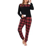 Vlazom Pijama Mujer Invierno Pijamas Mujer de Manga Larga de Dos Piezas con Pantalón a Cuadros (S,Negro/Rojo)