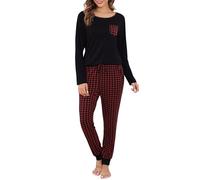 Vlazom Pijama Mujer Invierno Pijamas Mujer de Manga Larga de Dos Piezas con Pantalón a Cuadros (S,Negro/Rojo)