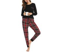 Vlazom Pijama Mujer Invierno Pijamas Mujer de Manga Larga de Dos Piezas con Pantalón a Cuadros (S,Negro)