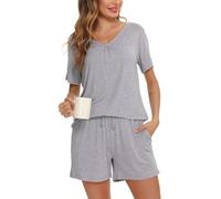 Vlazom Pijama Mujer Verano de Algodon, Conjunto de Pijama Corto Mujer de 2 Piezas, Ropa de Dormir de Camiseta y Pantalones Corto con Cuello en V,B-Gris,S