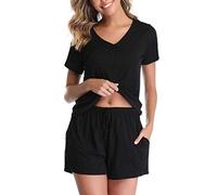 Vlazom Pijama Mujer Verano de Algodon, Conjunto de Pijama Corto Mujer de 2 Piezas, Ropa de Dormir de Camiseta y Pantalones Corto con Cuello en V,B-Negro,S