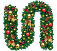 Vleuexe Guirnalda de Navidad Verde,2,7M Guirnalda Decorada,Guirnalda Verde Navidad Artificial con 50Luces LED Bayas,Piñas,Abeto Artificial Guirnalda de Ratán,para decoración del hogar Escalera Puerta