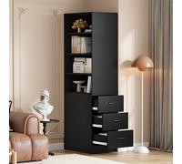 VLIVRA Librería,Armario alto con cajones laterales y estantes ajustables, armario de almacenamiento con compartimentos abiertos, gran espacio de almacenamiento, para estudio y sala de estar, negro