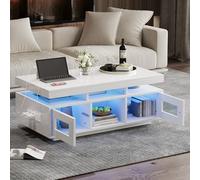 VLIVRA Mesa de centro LED con enchufe y USB, color blanco | 100 x 50 x 43 cm, alto brillo, espacio de almacenamiento, control de aplicación, mesa de salón moderna