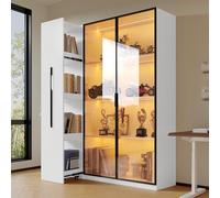 VLIVRA Vitrina alta con puerta de cristal e iluminación LED, estantería para el baño, estantería para vino con puertas correderas de cristal y ruedas, color blanco
