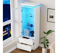VLIVRA Vitrina de cristal brillante con 2 cajones y tiras de luz LED, estantería de pie con estructura de 5 capas y dos separadores, color blanco