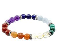 VLNET | Pulsera elástica de 7 chakras | piedras naturales: jaspe rojo, aventurina naranja, ágata amarilla, malaquita, aguamarina, lapislázuli, amatista, talla única, unisex