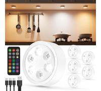 Vloee Luz Armario Batería de 2400mAh Recargable, Foco LED RGB con Mando | USB, Regulable, Inalambrico, Magnético Adhesivo Luz Armario Sin Cable Pulsador para Cocina Bajo Mueble, Interior, Estante