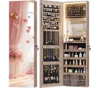 Vlsrka Espejo de longitud completa 47.2 pulgadas con almacenamiento y armario de joyería, montaje en pared, organizador de joyas para colgar sobre la puerta, luz integrada, 4 cajones