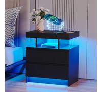 Vlsrka LED Mesita de Noche con Base de Carga, Moderna mesita de Noche con 3 Colores de luz, Mesitas de Noches Inteligente con Enchufe, Mesitas de Noches Madera con 2 cajones, Dormitorio, Negro