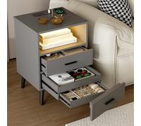 Vlsrka LED Mesita de Noche con Cajón Secreto, Mesita de Noche con Función de Carga, Moderna Mesa de Noche Madera con 3 Cajones, Mesa de Noche con Luz para Dormitorio, 3 Luces de Colores, Gris
