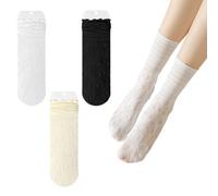VLYX 3 pares de calcetines de algodón con encaje para mujer, diseño fruncido y calado, transpirables, para ladies y niñas